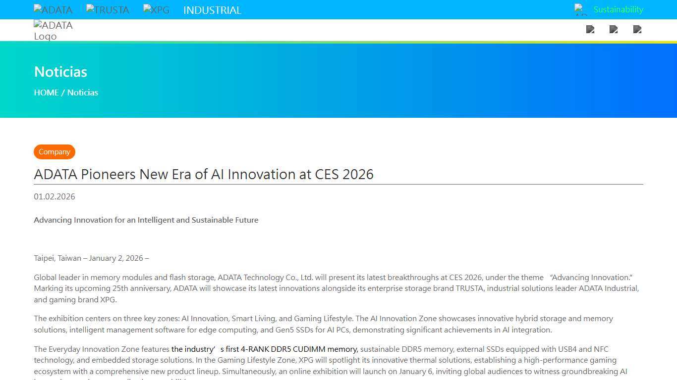 ADATA Pioneers New Era of AI Innovation at CES 2026 - Noticias ADATA (Colombia)